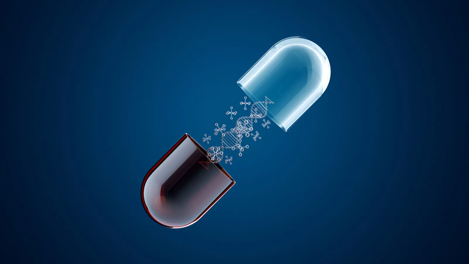 An illustration of a medication capsule opening to reveal a DNA helix