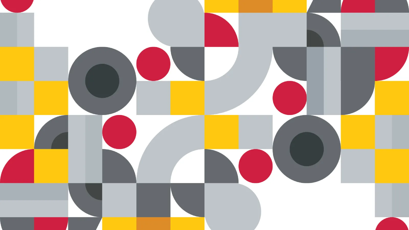Abstract geometric graphic with shapes in scarlet and shades of gray and yellow