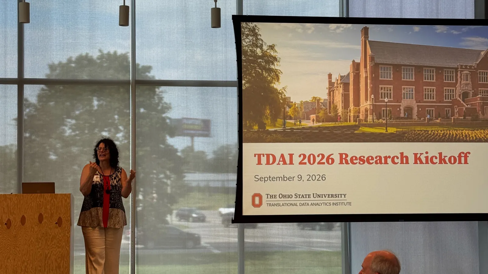 TDAI Director Tanya Berger-Wolf speaks onstage during the 2026 TDAI Fall Research Kick