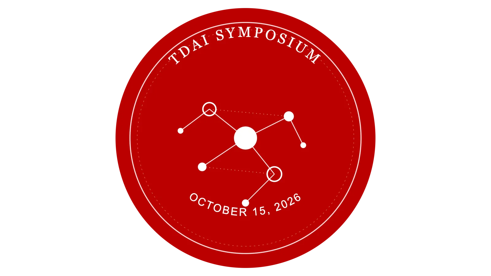 Circular scarlet badge reading "TDAI Symposium, October 15, 2026" with a network of connected nodes in the center