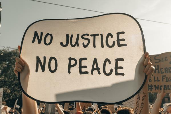 sign at a protest that reads "no justice, no peace"