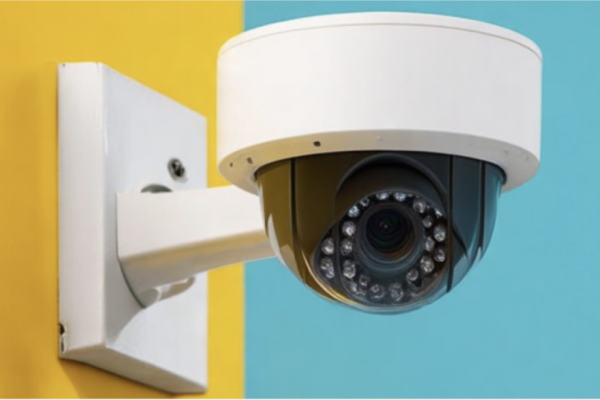 image of serveillance camera on a yellow and blue wall