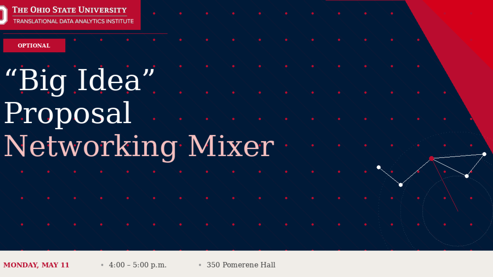 Short version (if your CMS has a character limit): TDAI Big Idea Proposal Networking Mixer, May 11, 4–5 p.m., 350 Pomerene Hall